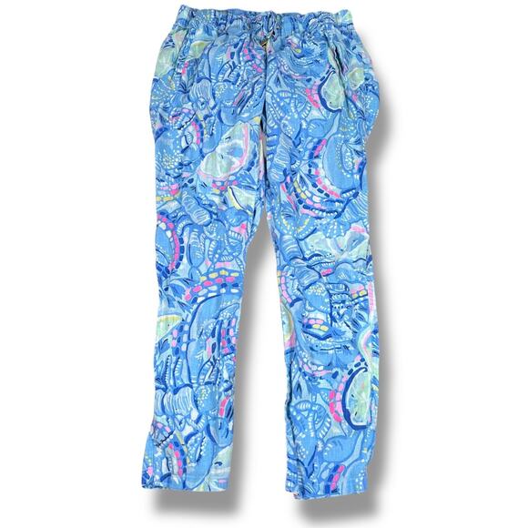 Lilly Pulitzer Aden Pants Women’s Large Blue Peri Pinch Pinch Linen Drawstring - Picture 1 of 8